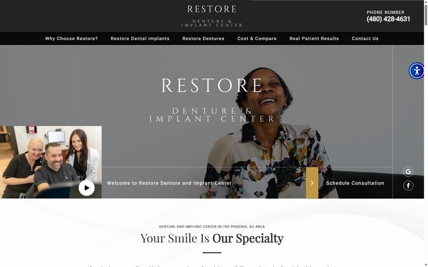 Restore Denture & Implant Center website homepage