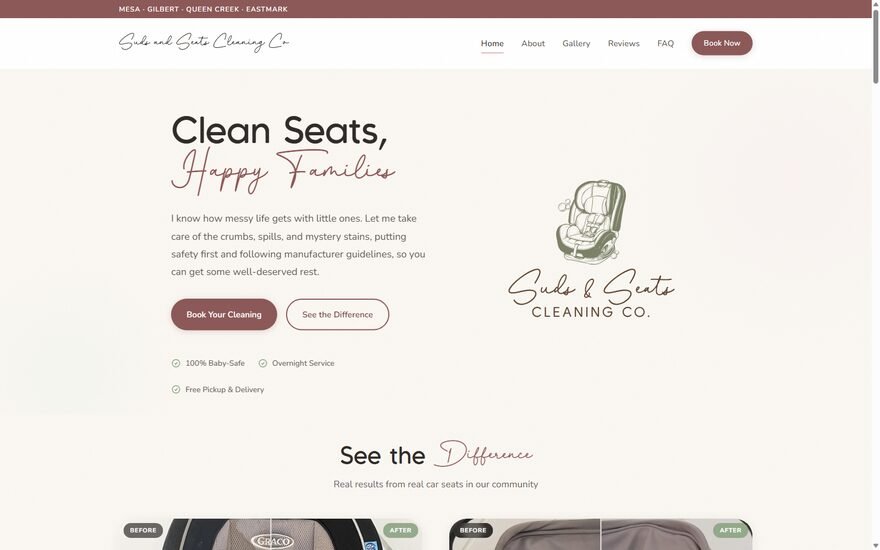 Suds and Seats Cleaning Co website homepage